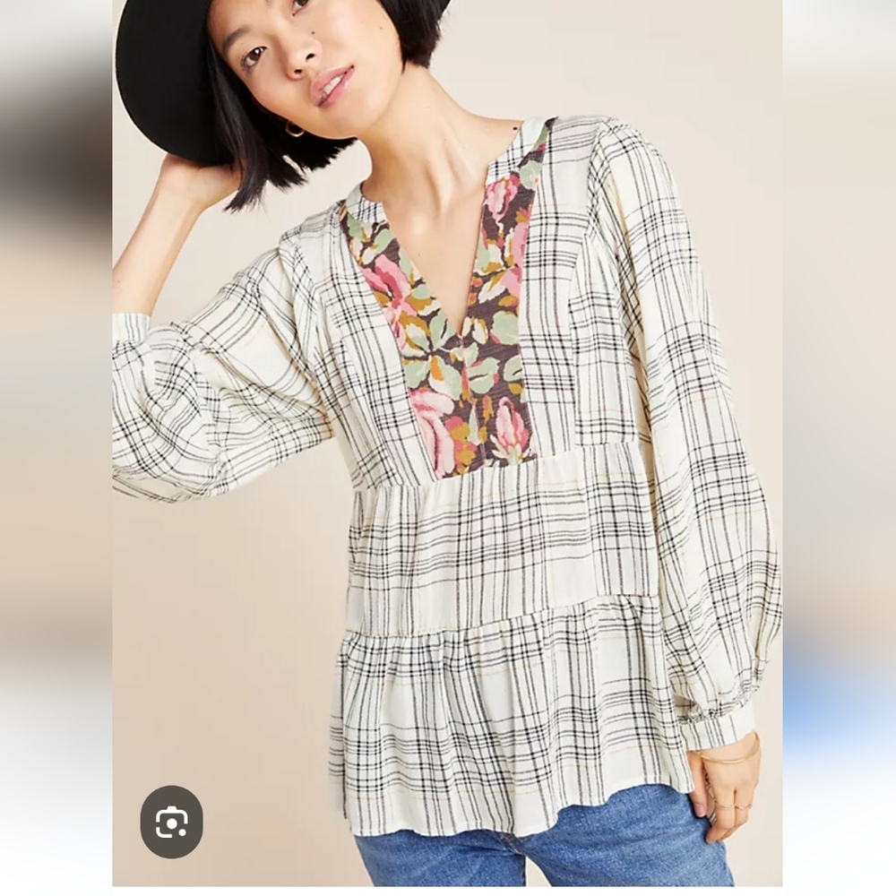 Anthropologie Darlene Peasant Blouse Women SP Cream Plaid Good Floral Tiered